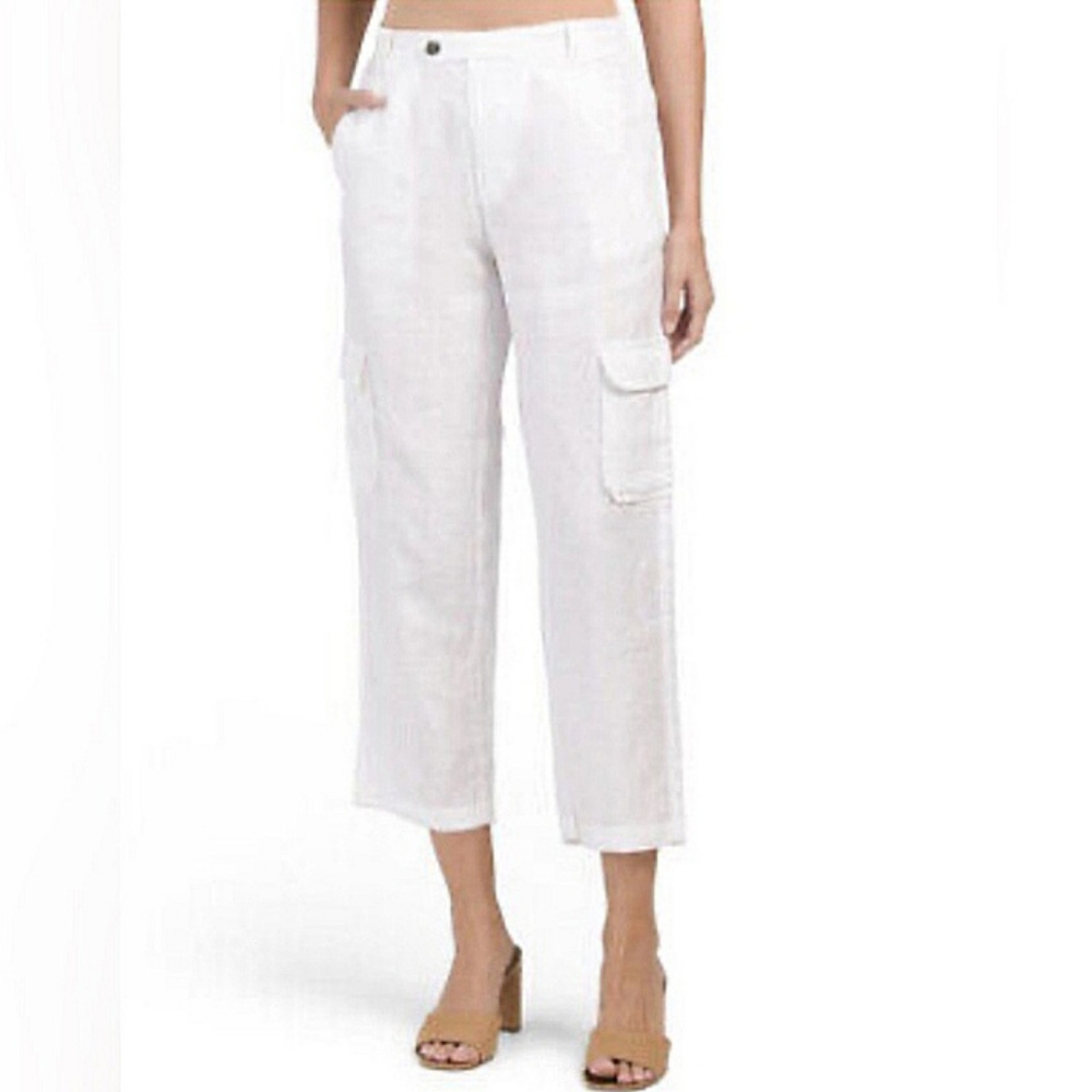 RACHEL Rachel Roy Wide Leg Cropped 100% Linen Cargo Pants Women's Sz Med White